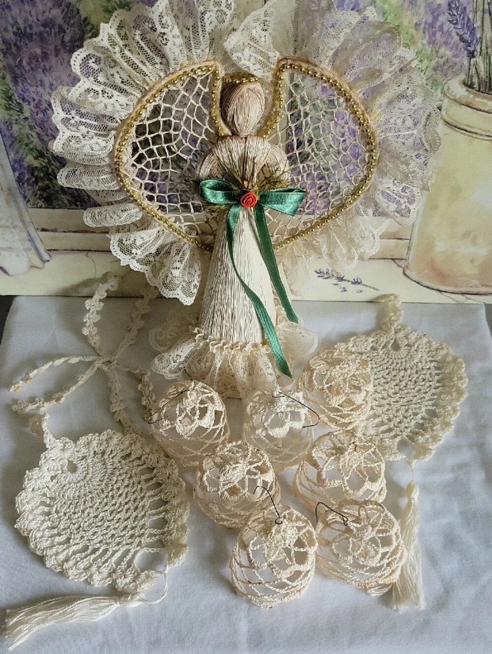 Handmade Corn Husk Angel Figurine & Crochet Lace Ornaments Doilies Lot